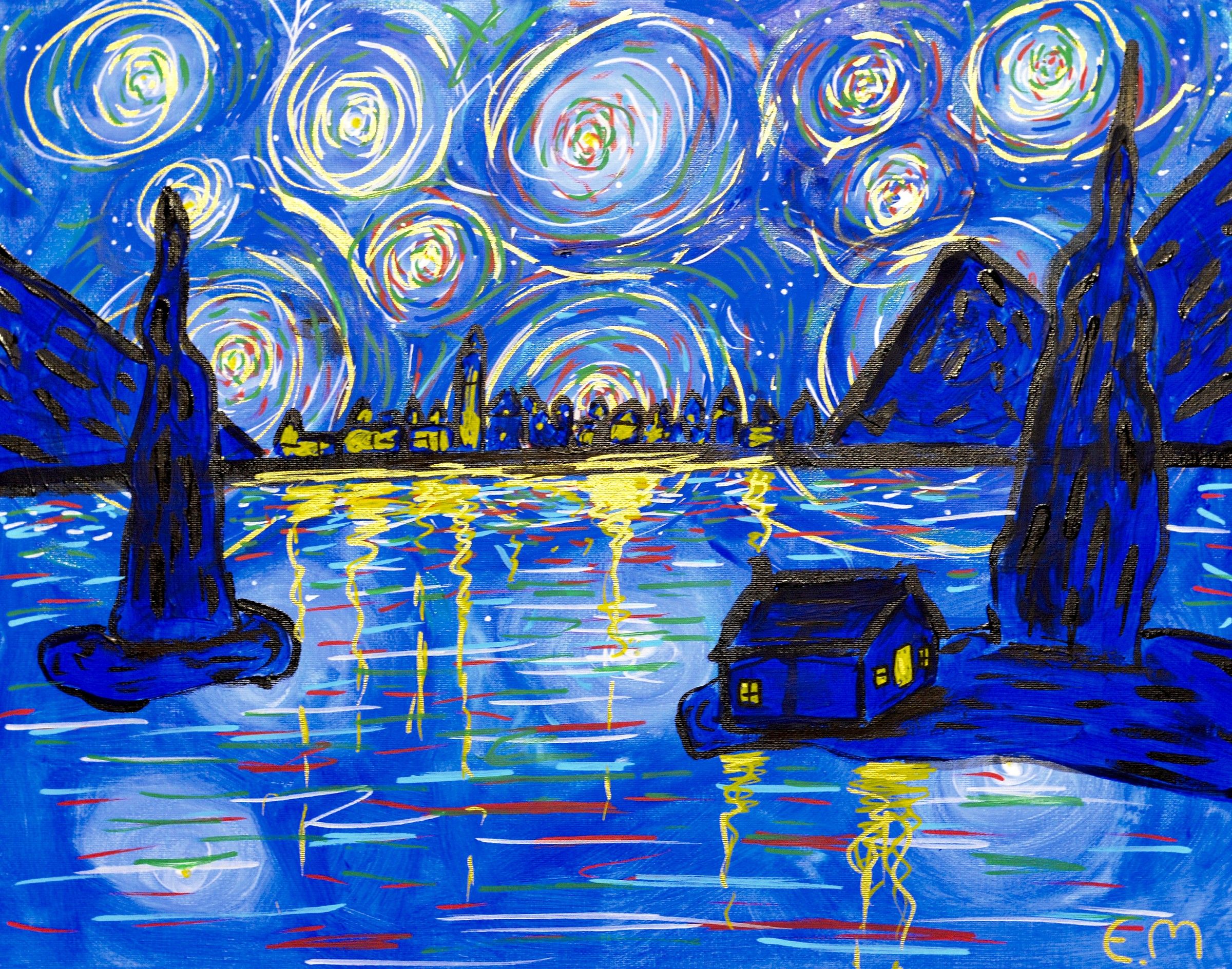 Gold on Deep Blue, acrylic painting