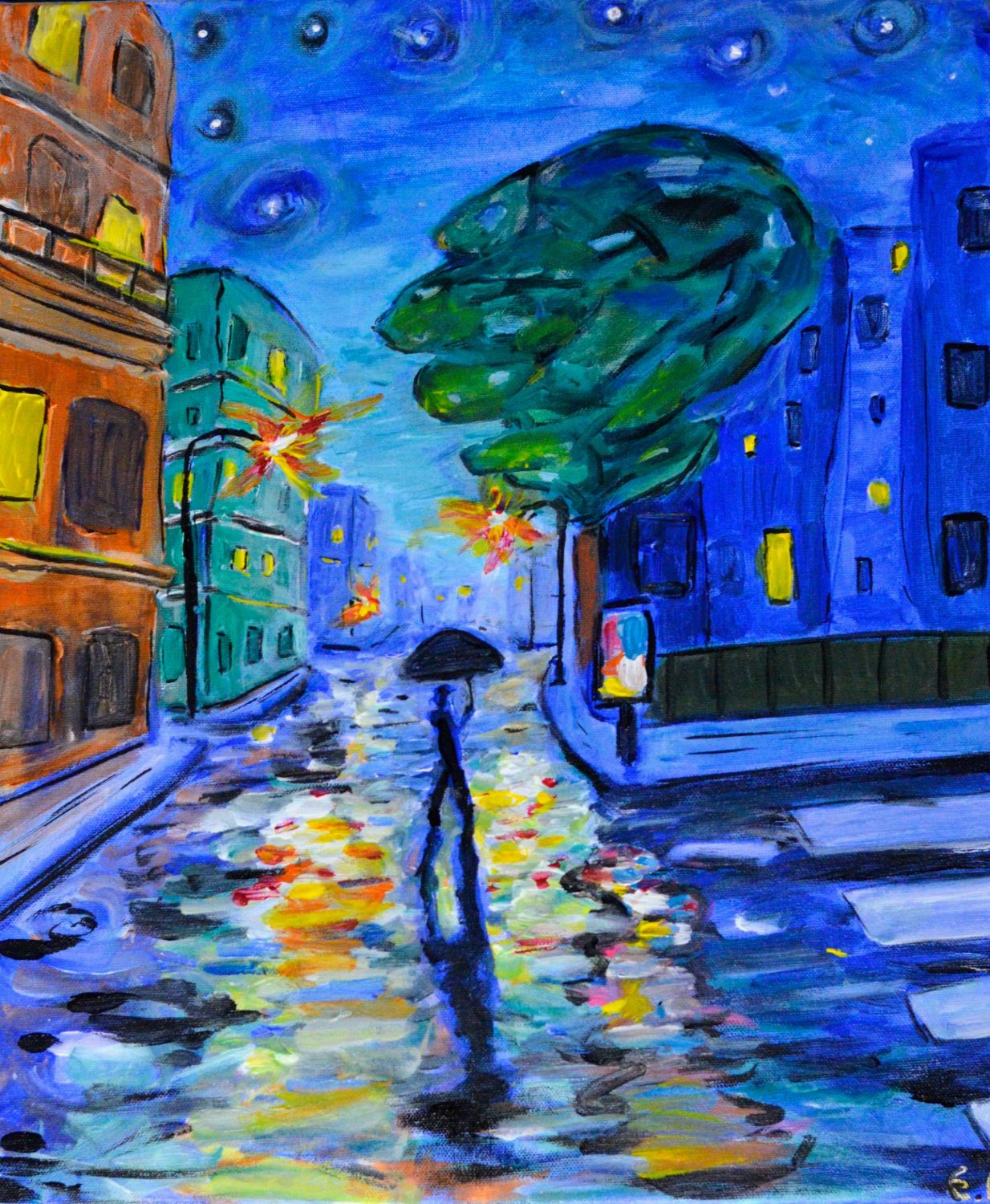 Rain in City, acrylic painting