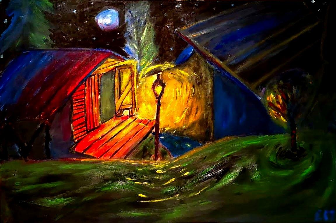 Workshop at Night, acrylic painting